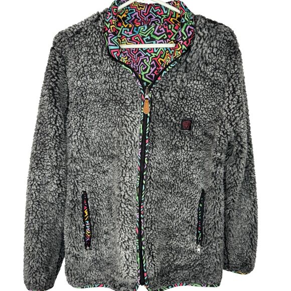USA Palm Reversible sherpa & colorful funky art pattern jacket 90s style Size XS - Picture 4 of 15
